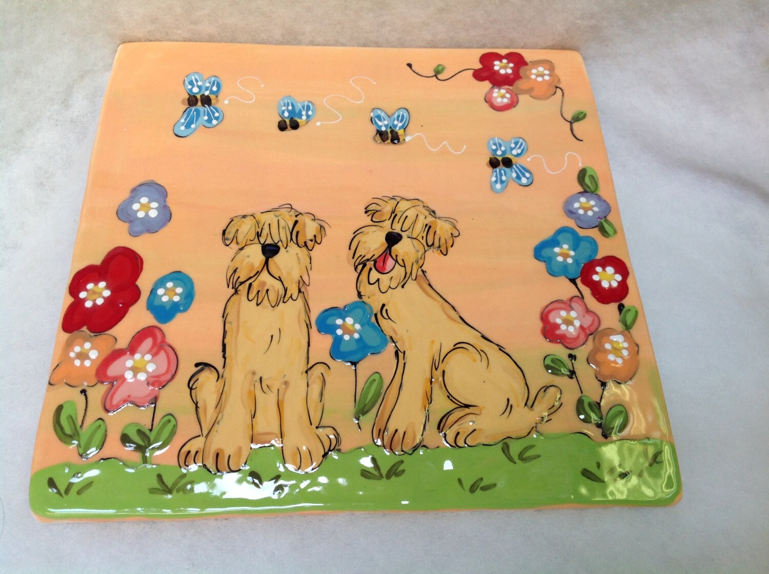 Hand Painted Ceramic Hot Plate / Whimsical Dog / Wheaten