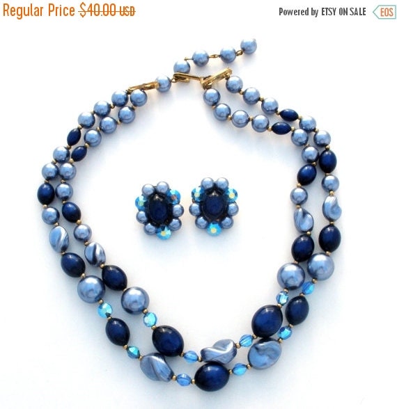 Sale Blue Bead Set Necklace And Earrings by TheJewelryLadysStore