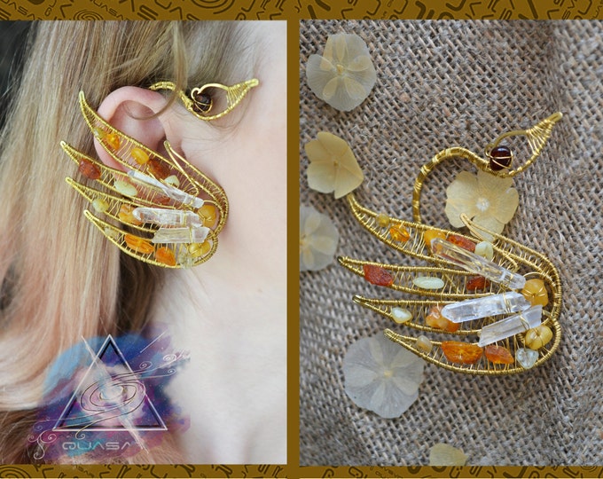 Ear cuff "Golden Bird" | Brass ear cuff, birdie, bird jewelry, crystals jewelry, crystal earcuff