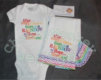 Rainbow Baby Set After every storm there is a Rainbow of Hope Here I am! baby shower perfect gift present embroidery onesie burp cloth minky