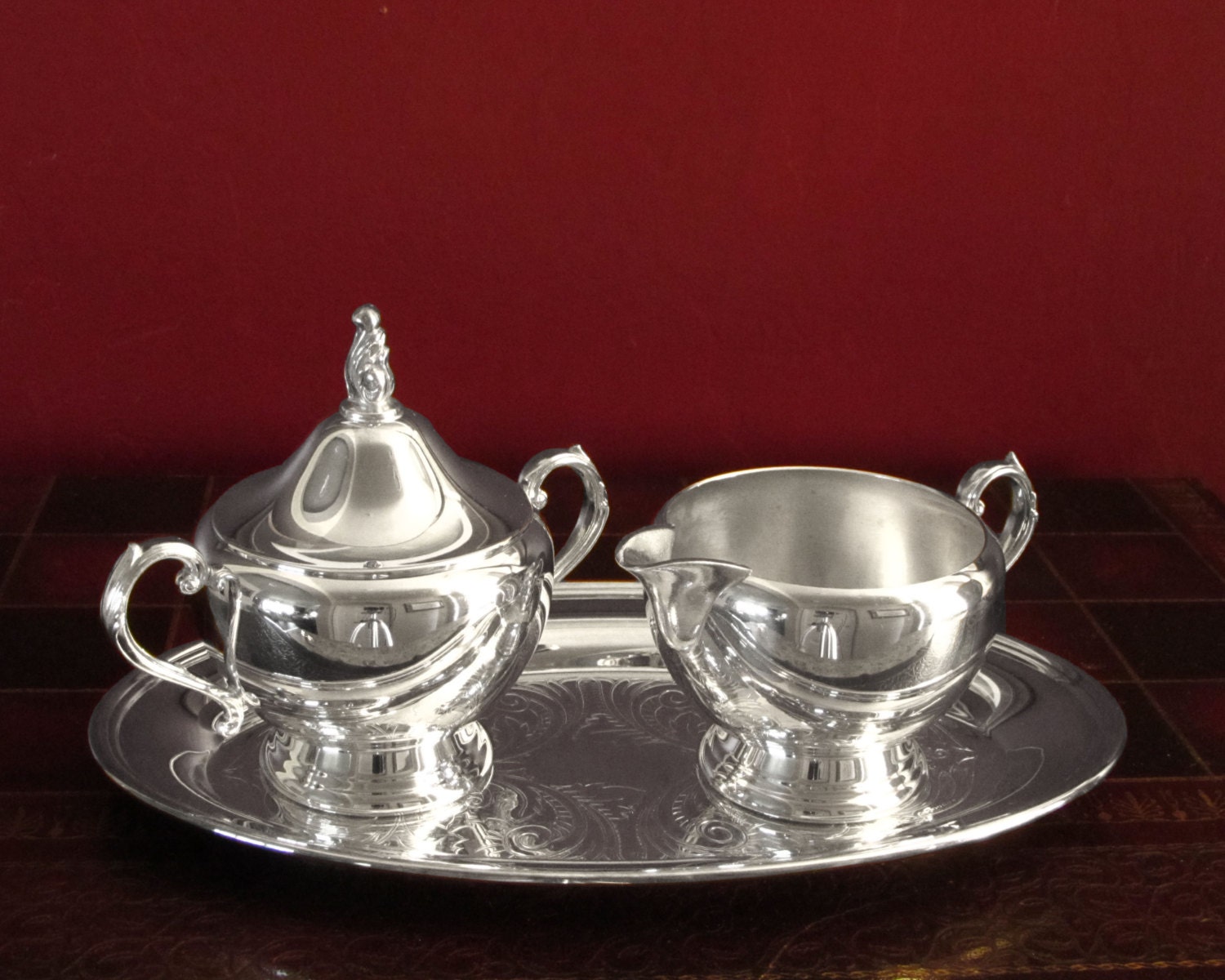 Silver Plate Creamer and Sugar and Early American Oval Silver