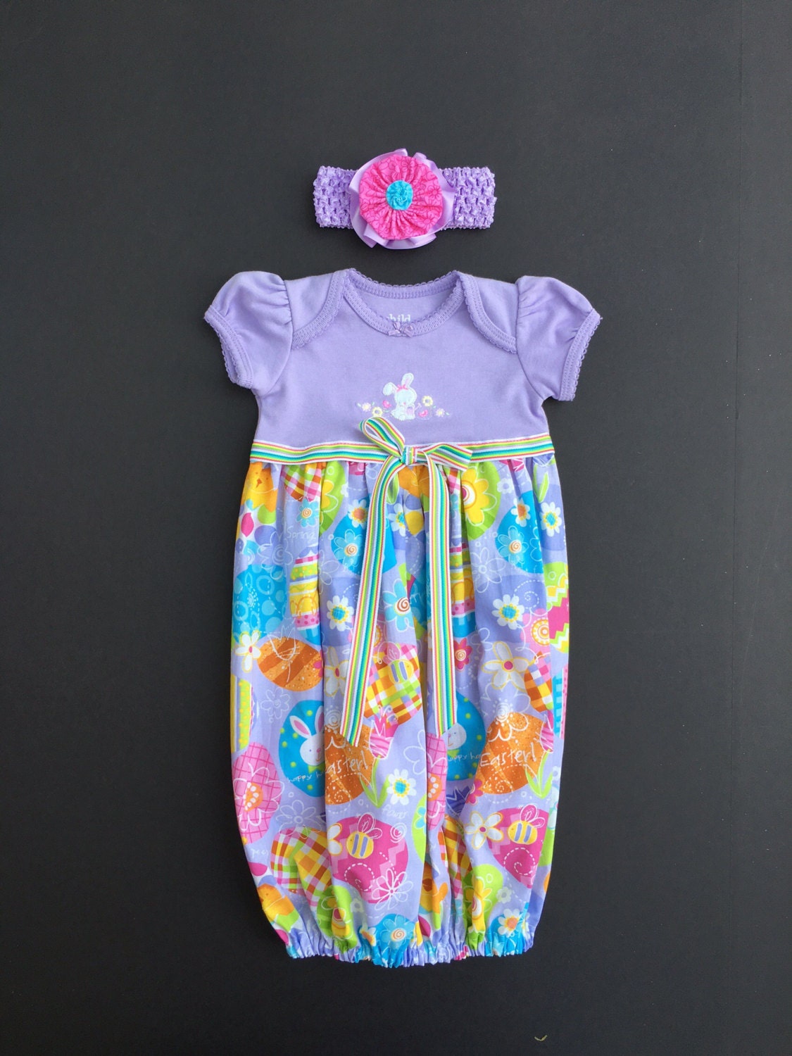 Layette baby gown with matching headband and bow Baby girl