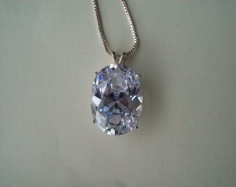 HUGE Created Diamond Pendant in Sterling Silver Setting with Chain - 25x18mm