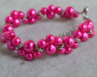 rose color pearl bracelets, rose bracelet,glass pearl bracelet,bridesmaids bracelet, bridal bracelet, pearl flower rhinestone bracelet