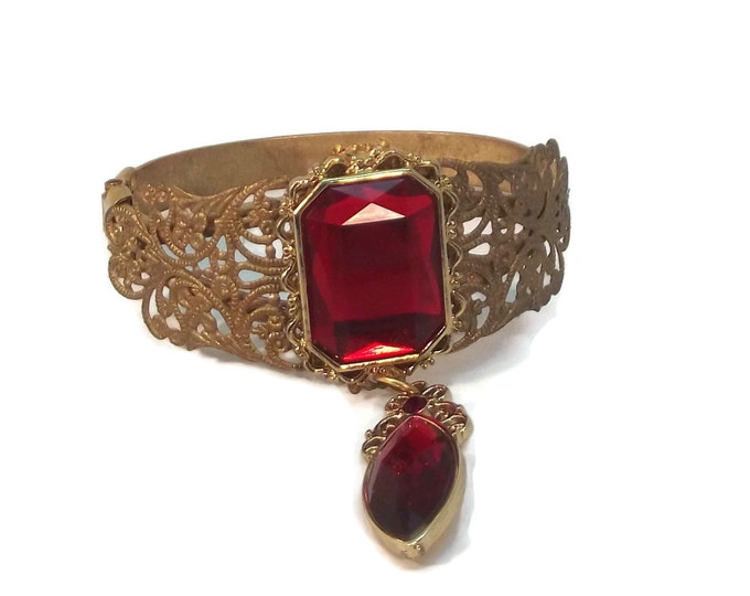 Ruby Red Rhinestone Vintage Victorian Style Filigree Cuff Bracelet OOAK, One of a kind, Handmade Artisan Jewelry
