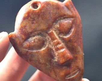 Ancient Chinese Jade Mythic Beast Mask Artifact Figure Stunning Hand Carved Stone Face Pendant Amulet Talisman