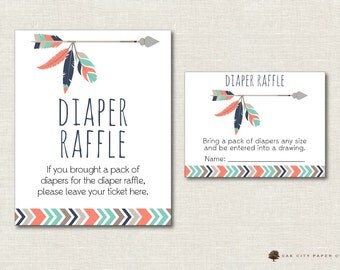 Tribal Diaper Raffle, Diaper Raffle Ticket, Diaper Raffle Sign, Diaper Raffle Insert, Diaper Raffle Cards, Tribal, Boho, Aztec, Pink, Coral