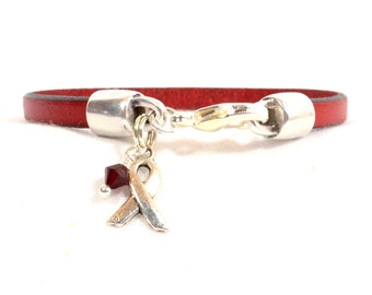 Aids Awareness Bracelet - Red 5mm Flat Leather Bracelet with Awareness Ribbon, Crystal, and Lobster Clasp (5FA-204)