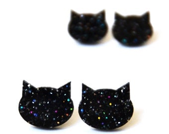 Cat Earrings · Black Cat Earrings with Glitter · Black Cat Earring · 2 sizes