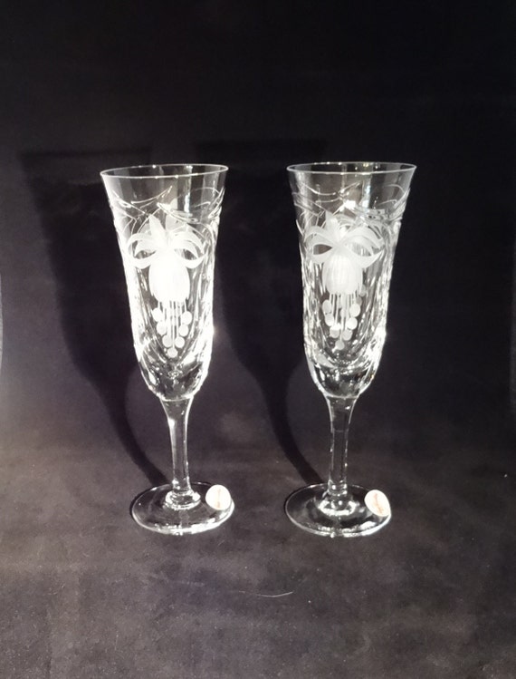 Vintage 2 Crystal Etched Champagne Flutes Fuchsia By Royal