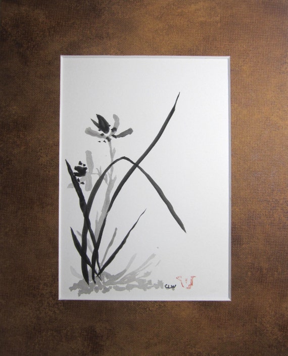 Items similar to Flowers, Japanese brush with ink with 8" x 10