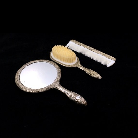 Vintage Silver Plated Hand Mirror Brush & Comb Vanity Set