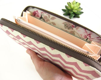 WOMEN WALLET, pink chevron, Womens Wallet, Women's Wallet Clutch, Handmade cotton fabric, Wallet for your goodies Safety and Be You.!!