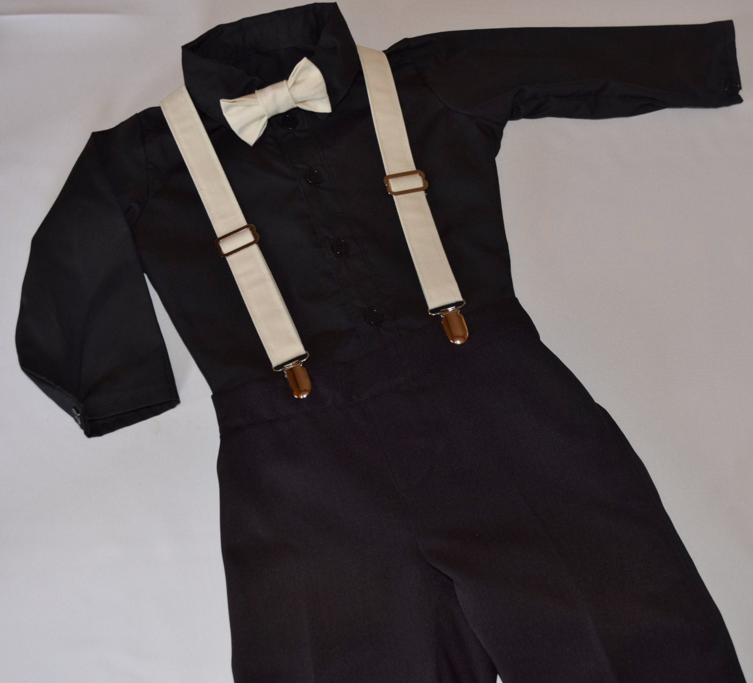 Black 4 piece ring bearer outfit. Outfit by CuppyCakeClothing