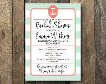 Nautical Bridal Shower Invitation - Printable Bridal Shower Invite - Mint and Coral Bridal Shower - Nautical Bridal Shower Invite