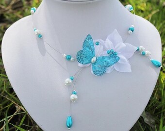 Butterfly necklace bride turquoise white wedding evening Lysandra Collier mariée fleur de satin Papillon turquoise blanc soirée mariage