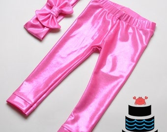 Metallic Bubble Gum Pink Leggings and Headband set Baby/Toddlers/Girls
