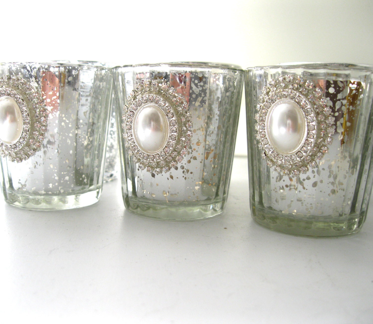 3 Jeweled Mercury Votive Candle Holders Pearl and Crystal Luxe