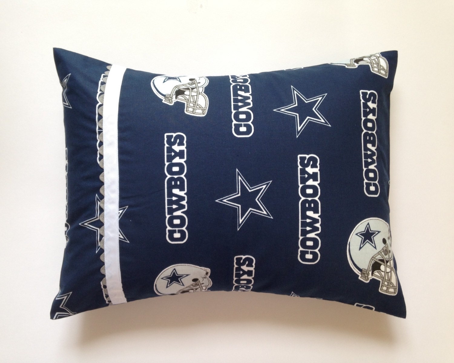 Dallas Cowboys Pillow with white grosgrain ribbon and gray ric