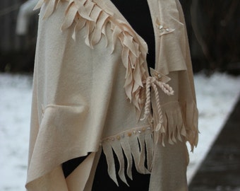 Ponchos beige wool clothing womens Art jacket handmade by 2UBEAUTY