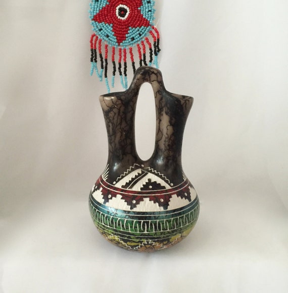 Vintage Navajo Wedding Vase Etched Pottery Horse Hair By