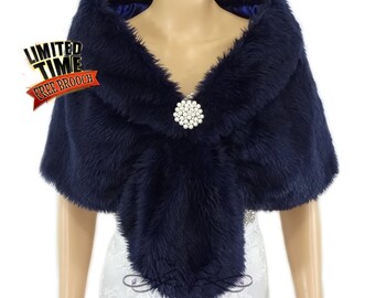 Faux Fur Stole, Navy Blue Faux Fur Wrap, Bridal Shrug, Fur Shawl, Faux Fur Shrug, Wedding Stole, Bridal Fur Wrap, Bridal Stole FS108-NBLUE