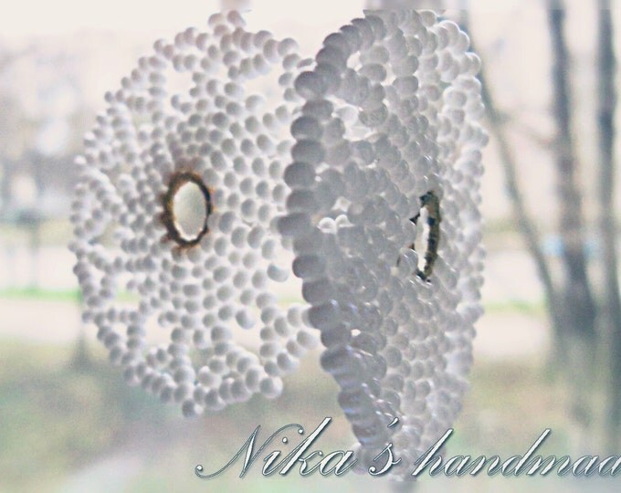 Chandelier openwork beaded white earrings beaded snowflakes, seed beads earrings, openwork earrings