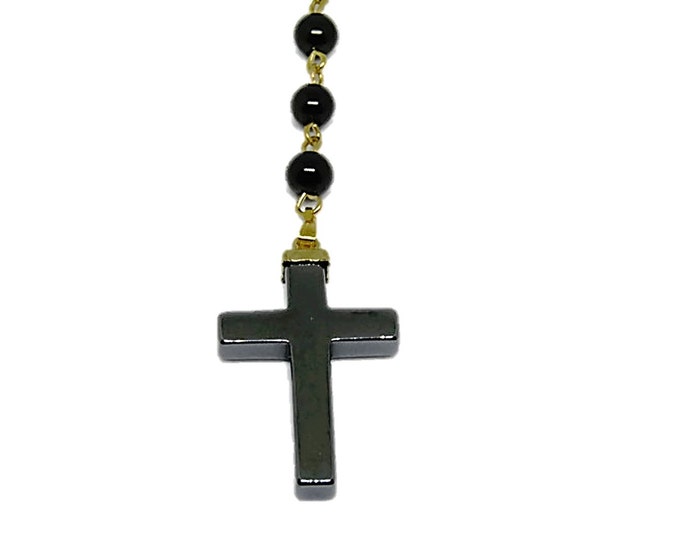 Pocket Rosary Saint Benedict Protection Medal, Classic Black Glass Pearl Single Decade Rosary Beaded in Gold, Mens Rosary, Unisex Rosary