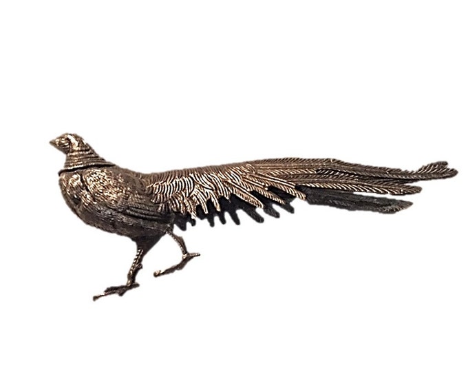 Antique Silver Pheasant figurine FEMALE Vintage Pheasants Home Decor DETAILED Plate Plated Brass Metal Bird Decorations