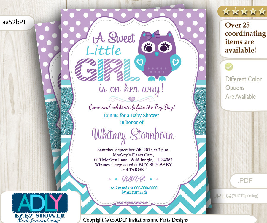 Purple Teal Turquoise Owl Invitation for Baby Shower Teal