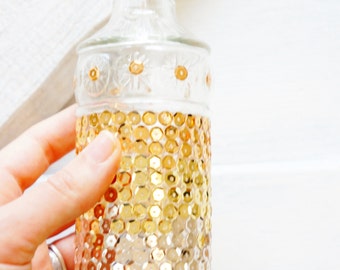 decorative glass bottle with cork metal ombre sequin bottle corked glass bottle with metalic sequins home decor bathroom decor gift decor