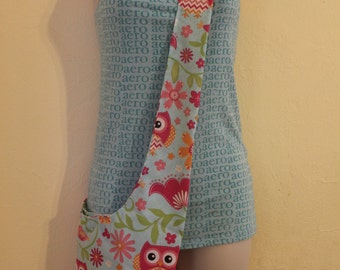 Blue and pink owl/flower reversible crossbody sling/hobo bag