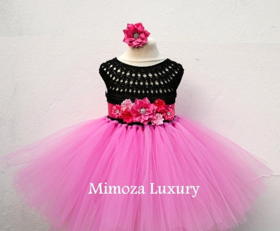 Black Pink Flower girl dress, hot pink tutu dress, birthday dress, princess dress, pink crochet top tulle dress, black pink tutu dress