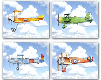 Airplane nursery decor Planes flying prints Vintage airplane flying in blue sky Aviation theme print Boys room wall art