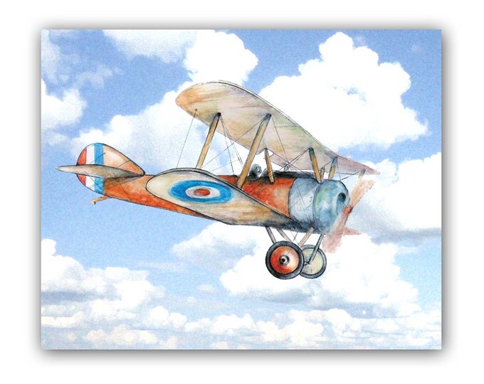 Airplane nursery decor Vintage airplane flying in clouds blue sky Military aircraft print Aviation Boys nursery wall art transportation