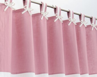 Pink and White Nursery Blackout Curtain I Tab Top Linen Panel with Linen Bows in Dusty Pink. Custom sizes and colours. Sold per panel.