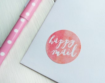 40 Happy Mail Stickers Happy Post Letter Small Envelope Seals Watercolour Peach Blue Green Pink 32mm / Stationery / 230
