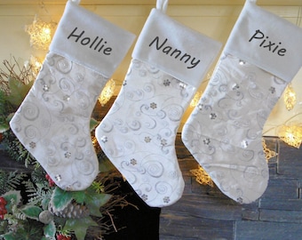 Silver Embroidered Personalised Christmas Stockings - embroidered with any name