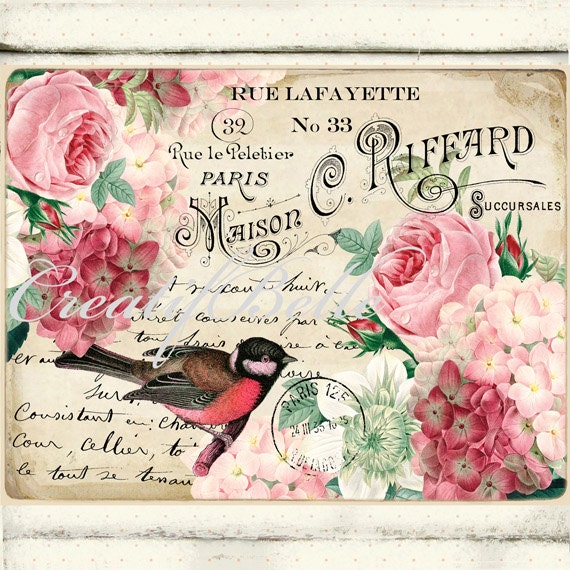 Vintage French Label Floral Ephemera Pink Bird Roses