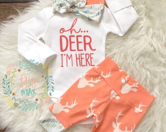 Newborn Baby girl coming home outfit Buck Coral Deer - oh deer im here, baby girl shower gift, going home outfit new baby going home outfit