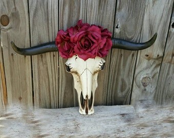 Skull, longhorn, decorated skull, boho decor, taxidermy skull, floral crown skull, steer, country decor, skull art, roses, western gift