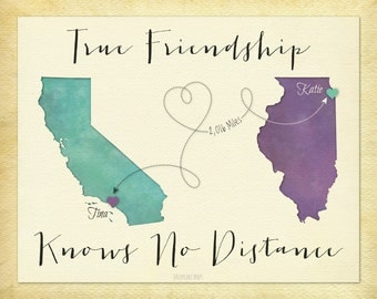 Long Distance Best Friend Gift, Going Away Gift for Friend, Friendship Quote Print, BFF Gift, Map Art, Customize With Any Two Places, (16a)