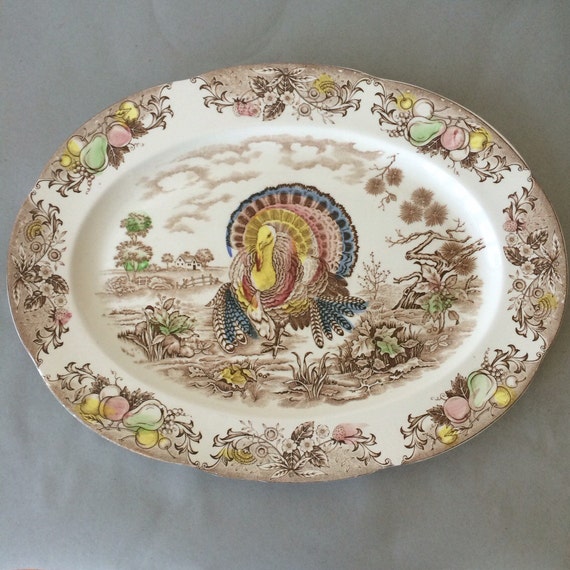 Vintage Turkey Platter Brown Transferware Platter