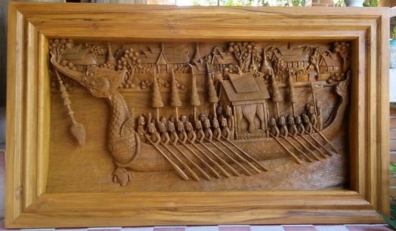 Medium carved teak wood wall art decor 3D panel with beautiful