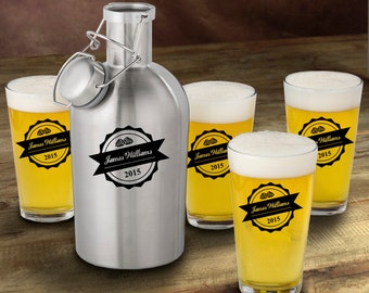 Personalized Stainless Steel Growler with Pint Glass Set - Personalized Growler Set - Man Cave Gift - Gifts for Him - GC1437