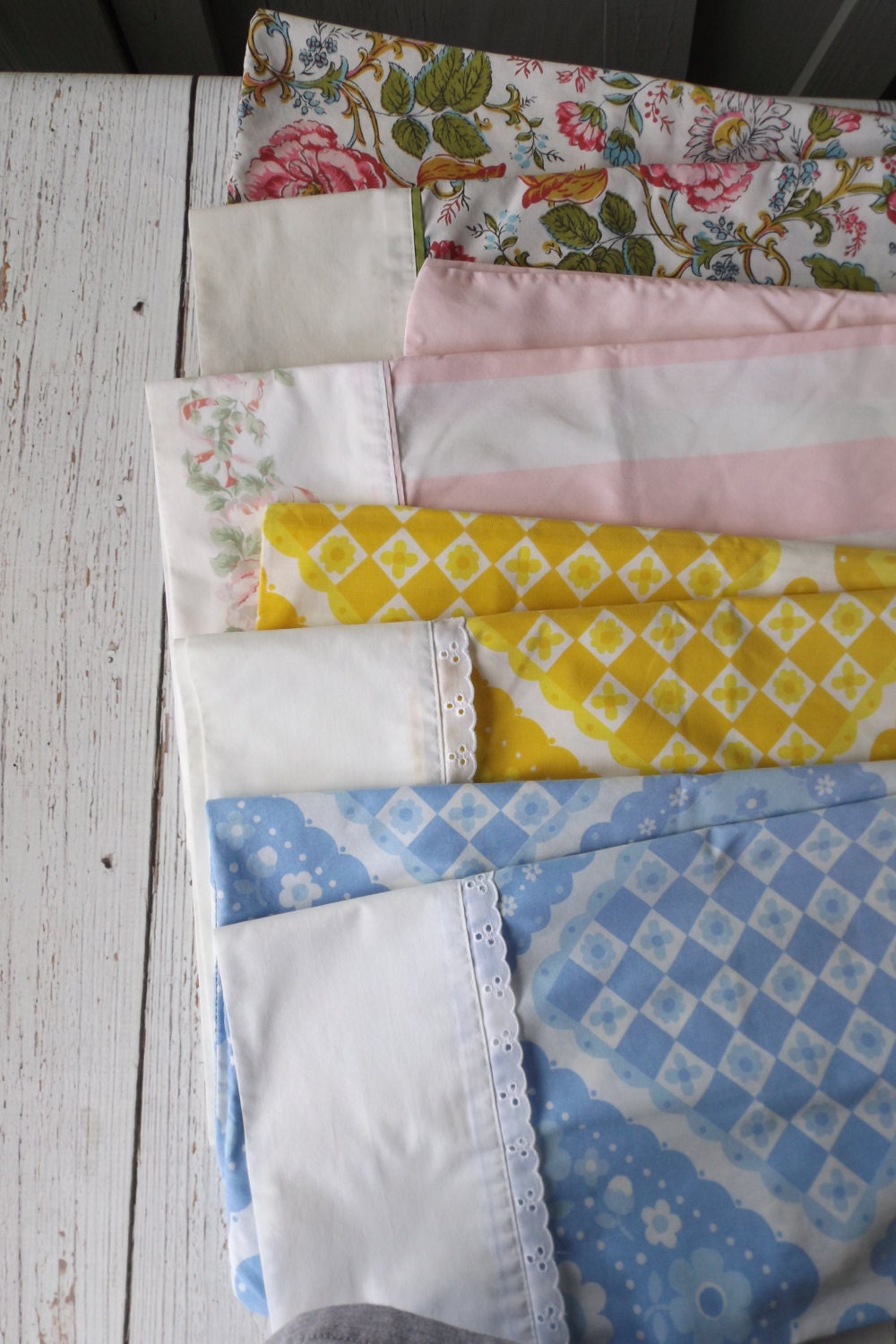 4 King Size/ Vintage Pillowcases/ Yellow/ Pink/ Geometric/