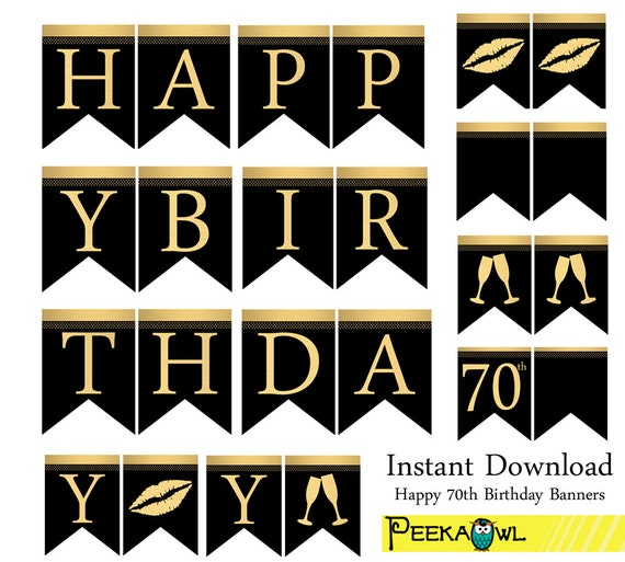 Instant download Happy 70th birthday banners - Black and gold champagne ...