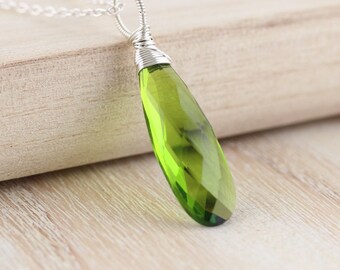 Large Peridot Quartz & Sterling Silver Pendant. Green Gemstone Necklace. Huge Wire Wrapped Pendant Charm with or without chain. Jewellery