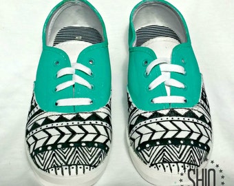 Hand Painted Shoes, Hand Painted Aztec Shoes, Blue Hand Pained Sneakers, Black Aztec Shoes, White Aztec Shoes, Blue Aztec Shoes, Paint shoes