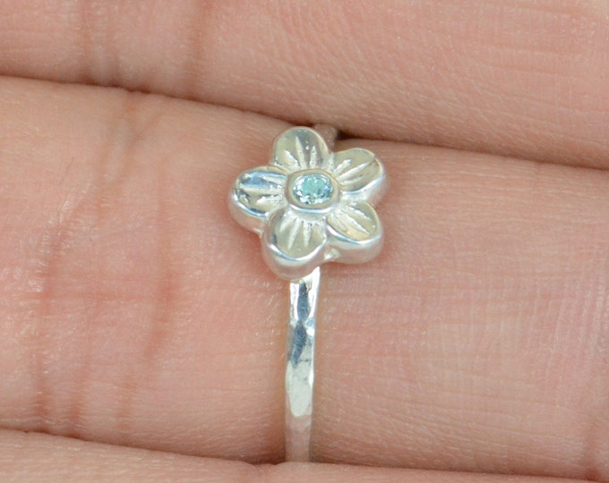 Small Flower Aquamarine Ring, Silver Aquamarine Ring, Flower Ring, Forget Me Not, Flower Jewelry, Sterling Silver Flower Ring, Floral Ring